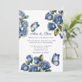Elegant Blue Roses Butterfly Silver Wedding Einladung (Stehend Vorderseite)