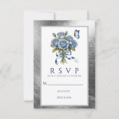 Elegant Blue Roses Butterfly Silver Wedding RSVP Karte (Vorderseite)