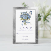 Elegant Blue Roses Butterfly Silver Wedding RSVP Karte (Stehend Vorderseite)