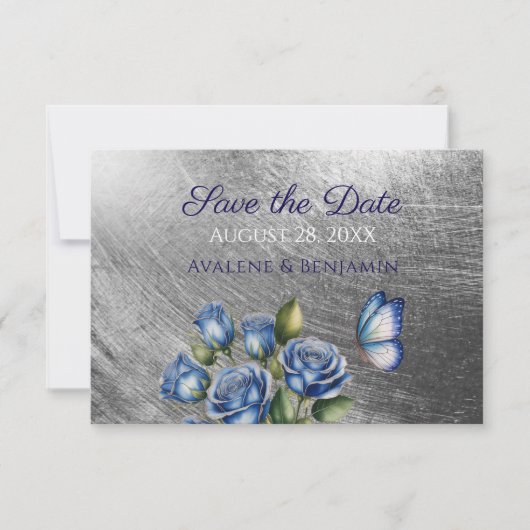 Elegant Blue Roses Butterfly Silver Wedding Save The Date (Vorderseite)