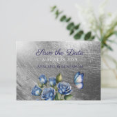 Elegant Blue Roses Butterfly Silver Wedding Save The Date (Stehend Vorderseite)