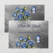Elegant Blue Roses Butterfly Silver Wedding Save The Date (Vorne/Hinten)