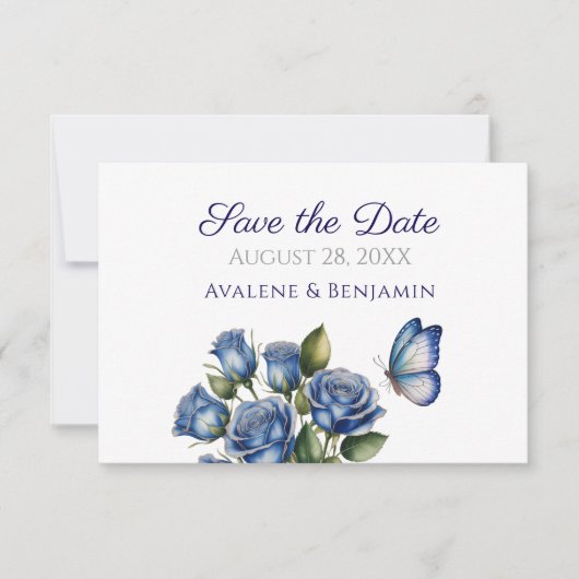 Elegant Blue Roses Butterfly Silver Wedding Save The Date (Vorderseite)