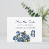 Elegant Blue Roses Butterfly Silver Wedding Save The Date (Stehend Vorderseite)