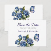 Elegant Blue Roses Butterfly Silver Wedding Save The Date (Vorne/Hinten)