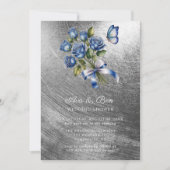 Elegant Blue Roses Butterfly Silver Wedding Shower Einladung (Vorderseite)