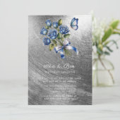 Elegant Blue Roses Butterfly Silver Wedding Shower Einladung (Stehend Vorderseite)