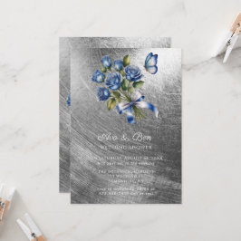 Elegant Blue Roses Butterfly Silver Wedding Shower Einladung