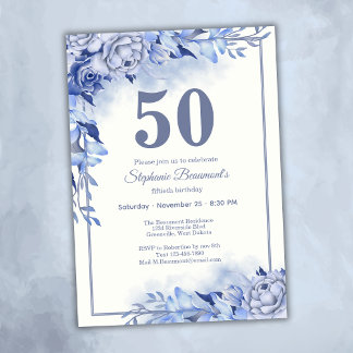 Elegant Blue Roses Floral Women's 50th Birthday Einladung