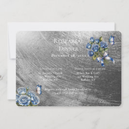 Elegant Blue Roses Silver Rehearsal Dinner Einladung