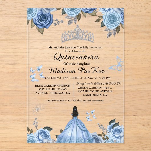 Elegant Blue Royal Floral Butterfly Quinceanera Acryleinladungen (Vorderseite)