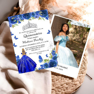 Elegant Blue Royal Floral Butterfly Quinceanera Einladung