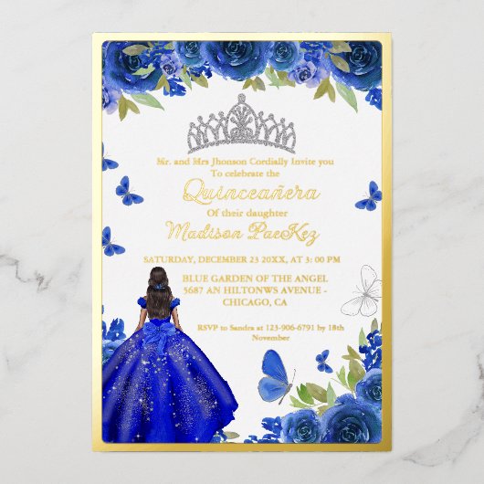 Elegant Blue Royal Floral Butterfly Quinceanera Folieneinladung (Vorderseite)