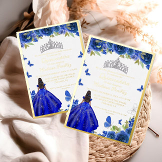 Elegant Blue Royal Floral Butterfly Quinceanera Folieneinladung