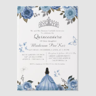 Elegant Blue Royal Floral Butterfly Quinceanera Pergament Einladungen