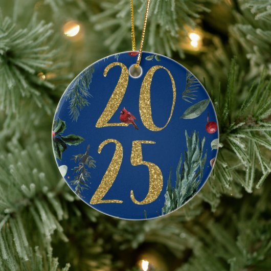 Elegant Blue Rustic 2025 New Years Holiday Card Keramik Ornament (Baum)
