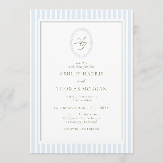 Elegant Blue & Sage Monogram Wedding Invitation Einladung (Vorderseite)