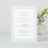 Elegant Blue & Sage Striped Wedding Invitation Einladung (Stehend Vorderseite)