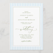 Elegant Blue & Sage Striped Wedding Invitation Einladung (Vorderseite)