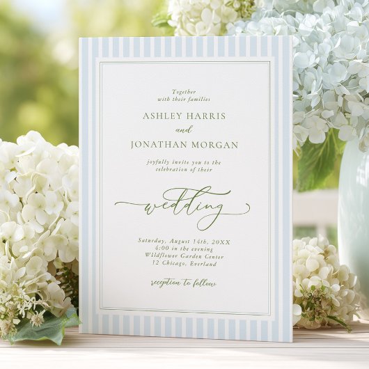 Elegant Blue & Sage Striped Wedding Invitation Einladung