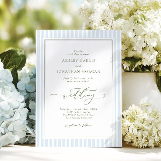 Elegant Blue & Sage Striped Wedding Invitation Einladung