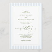 Elegant Blue & Sage Striped Wedding Invitation Einladung (Vorderseite)