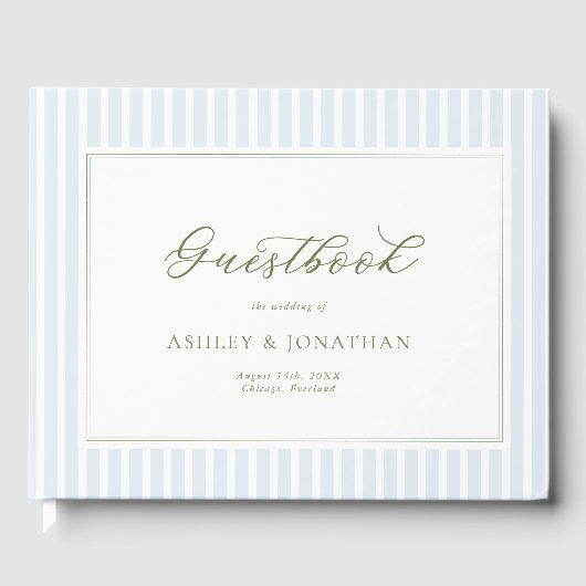 Elegant Blue & Sage Striped Wedding Invitation Gästebuch (Vorderseite)