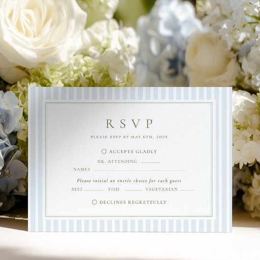 Elegant Blue & Sage Striped Wedding RSVP Karte