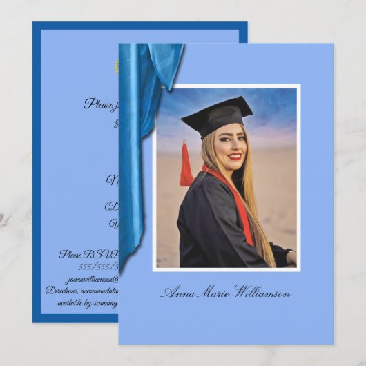 Elegant Blue Satin Grad Party Invitation Einladung (Vorne/Hinten)