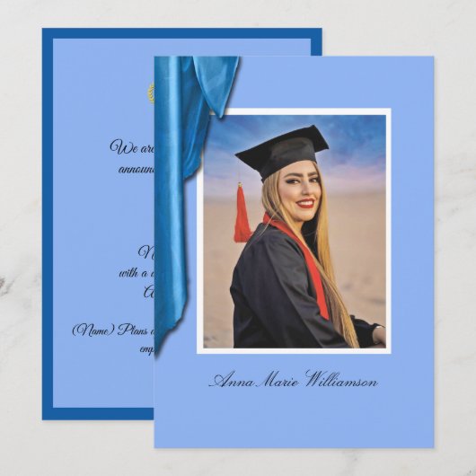 Elegant Blue Satin Graduation Announcement Einladung (Vorne/Hinten)
