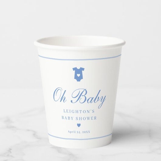 Elegant Blue Script Baby Shower Pappbecher (Vorderseite)