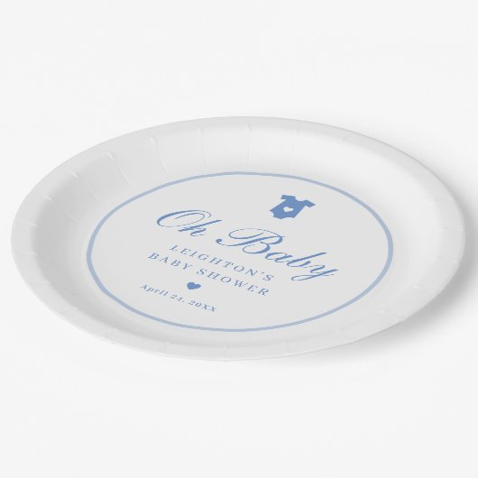 Elegant Blue Script Boys Oh Baby Shower Pappteller (Schrägansicht)