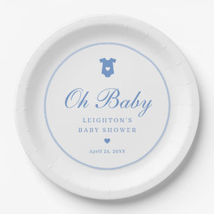 Elegant Blue Script Boys Oh Baby Shower Pappteller
