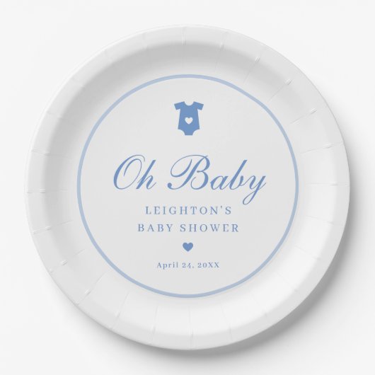 Elegant Blue Script Boys Oh Baby Shower Pappteller (Vorderseite)