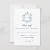 Elegant Blue Script Floral Crest Wedding RSVP Karte (Vorderseite)
