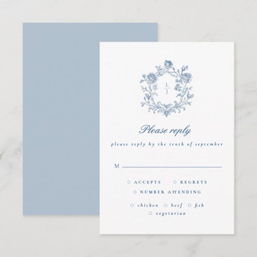 Elegant Blue Script Floral Crest Wedding RSVP Karte (Vorne/Hinten)