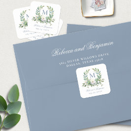 Elegant Blue Script Floral Wappen Monogram Wedding Quadratischer Aufkleber