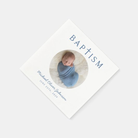 Elegant Blue Script Foto Taufe Serviette (Ecke)