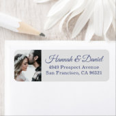 Elegant Blue Script Foto Wedding Rücksendeadresse (Insitu)