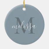 Elegant Blue Script Monogram Name Christmas Keramik Ornament (Hinten)