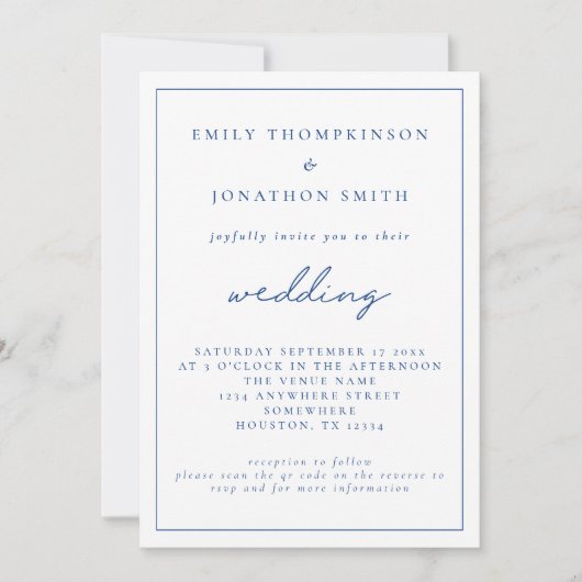 Elegant Blue Script QR Code Hochzeit Einladung (Vorderseite)