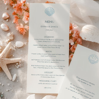 Elegant Blue Seashell Ivory Double Side Wedding  Menükarte