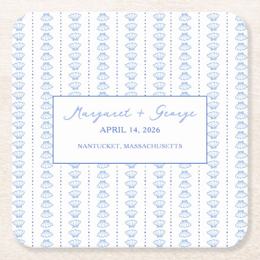 Elegant Blue Seashell Nautical Coastal Wedding Rechteckiger Pappuntersetzer (Vorderseite)