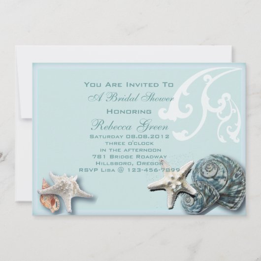 Elegant BLue Seashells Beach Bridal Tee Party Einladung (Rückseite)