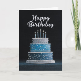 Elegant Blue Silver Birthday Cake Karte