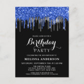 Elegant Blue Silver Black Glitzer Tropfen Geburtst Einladungspostkarte (Vorderseite)
