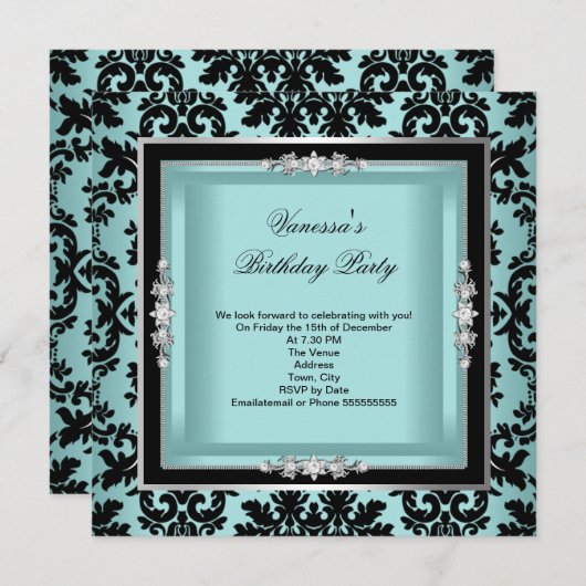 Elegant Blue Silver Damask Black Birthday Party Einladung (Vorne/Hinten)