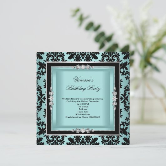 Elegant Blue Silver Damask Black Birthday Party Einladung (Stehend Vorderseite)