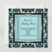 Elegant Blue Silver Damask Black Birthday Party Einladung (Vorderseite)