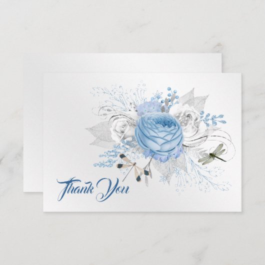 Elegant Blue Silver Dragonfly Floral Dankeskarte (Vorne/Hinten)